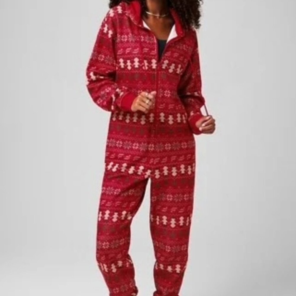 Fabletics Cozy Fleece Hooded Onesie in Holly Berry Intarsia NWT